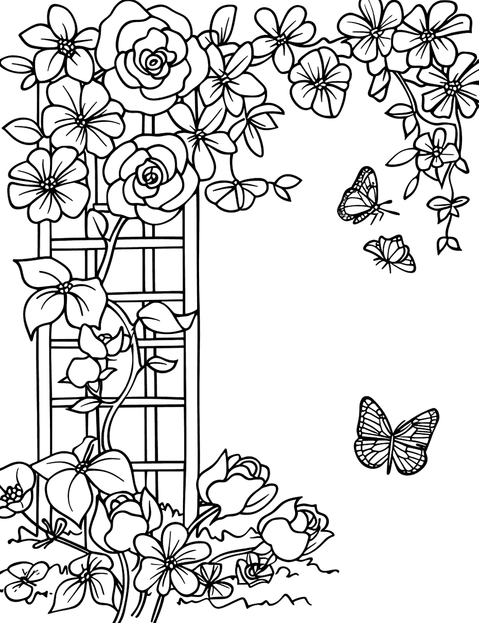 Roses Climbing a Trellis Garden Coloring Page - A trellis covered in blooming roses with butterflies hovering nearby.