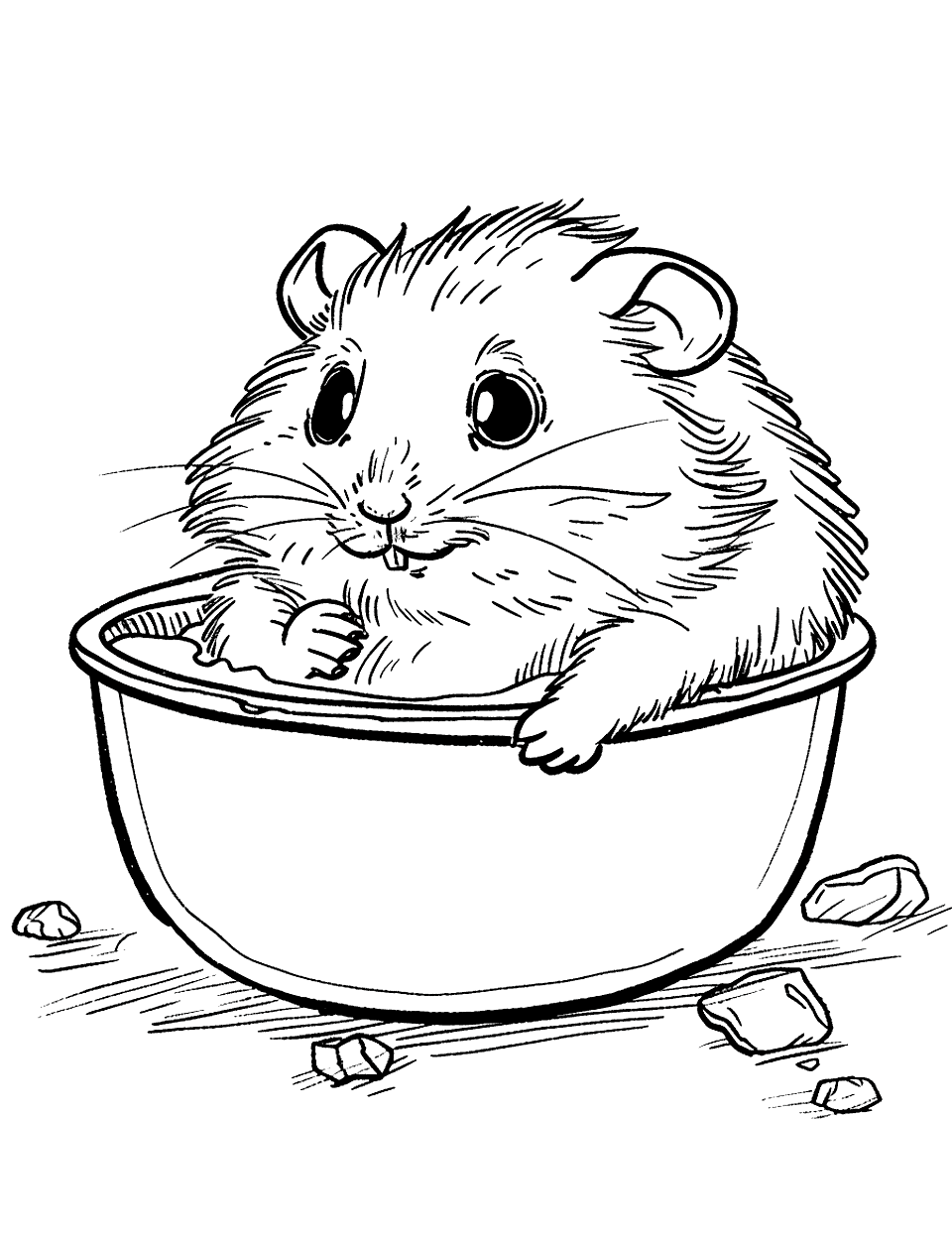 Hamster Bath Time Coloring Page - A hamster taking a bath in a small bowl.