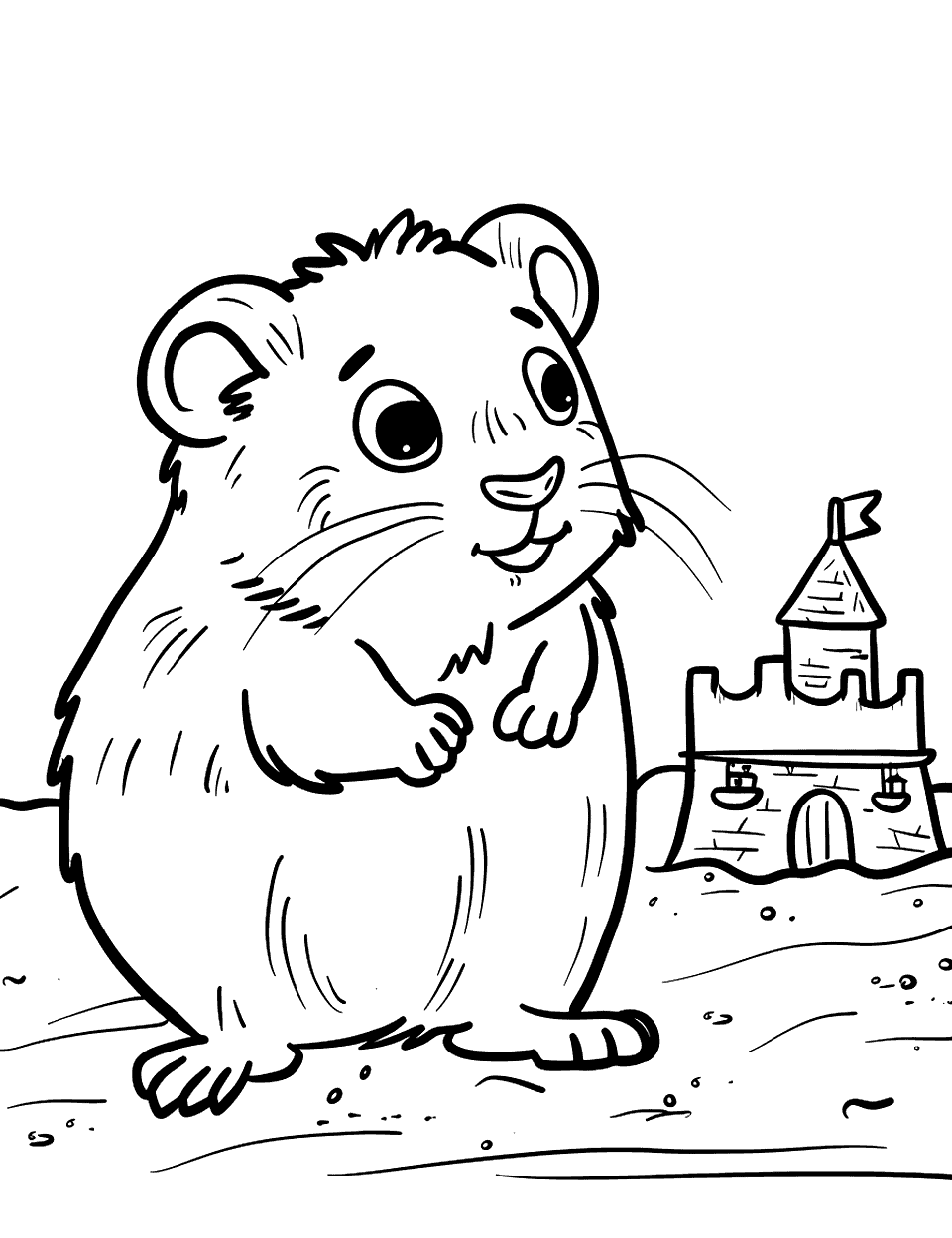 Hamster and a Tiny Castle Coloring Page - A hamster standing next to a tiny sandcastle.