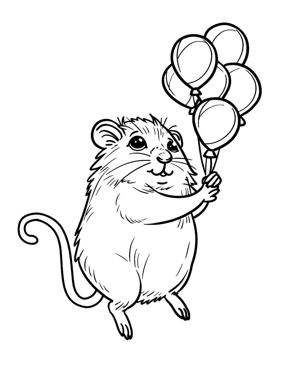 Hamster and Balloons Coloring Page - A hamster holding onto a bunch of balloons, floating slightly.