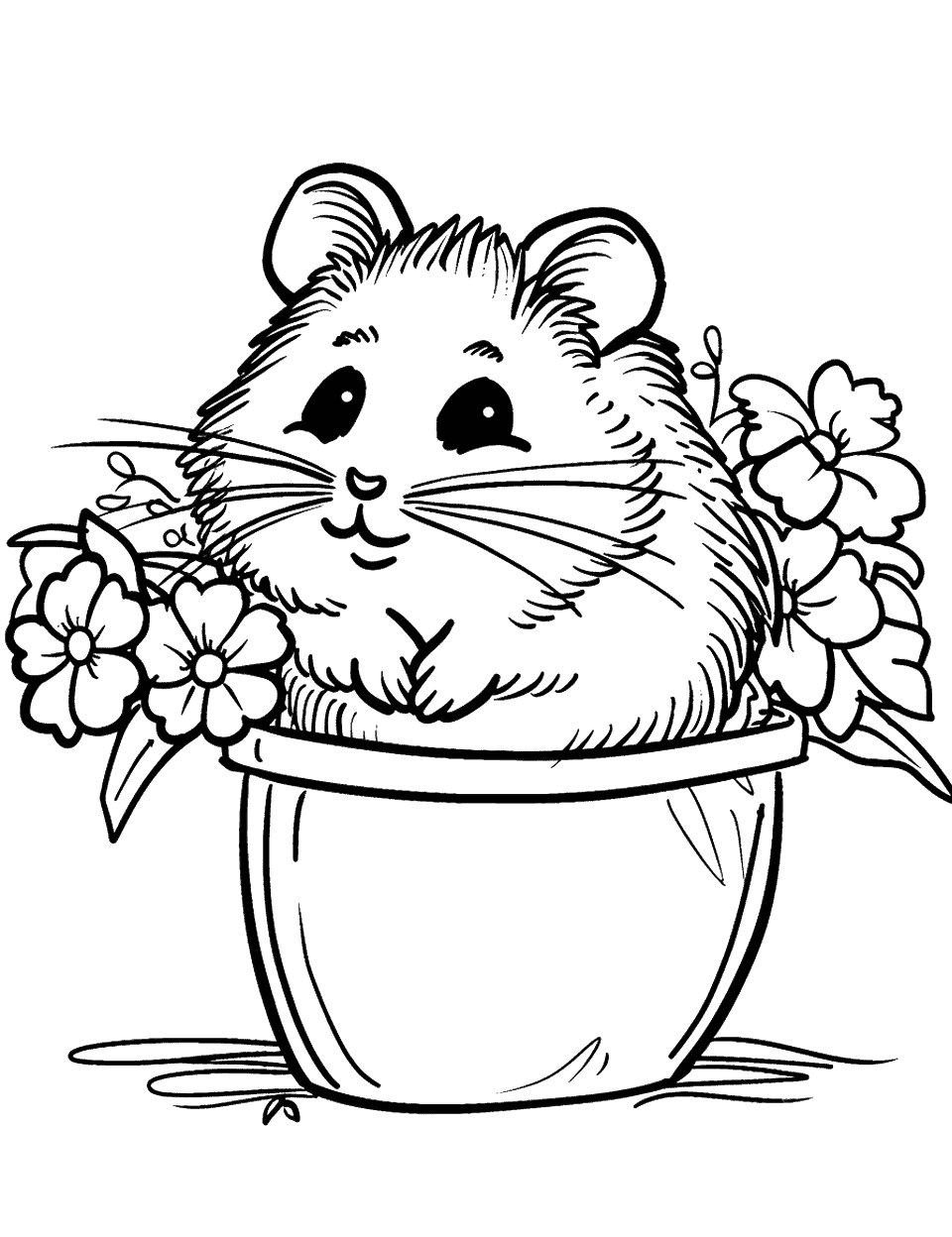 Hamster in a Flower Pot Coloring Page - A hamster peeking out from a flower pot with blooming flowers.