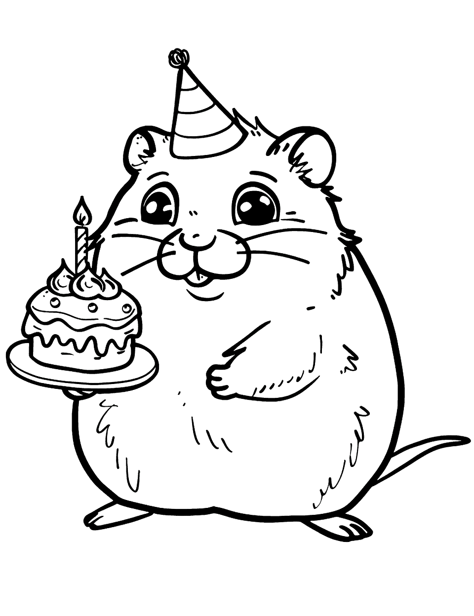 Hamster Birthday Party Coloring Page - A hamster celebrating a birthday with a tiny cake and party hat.