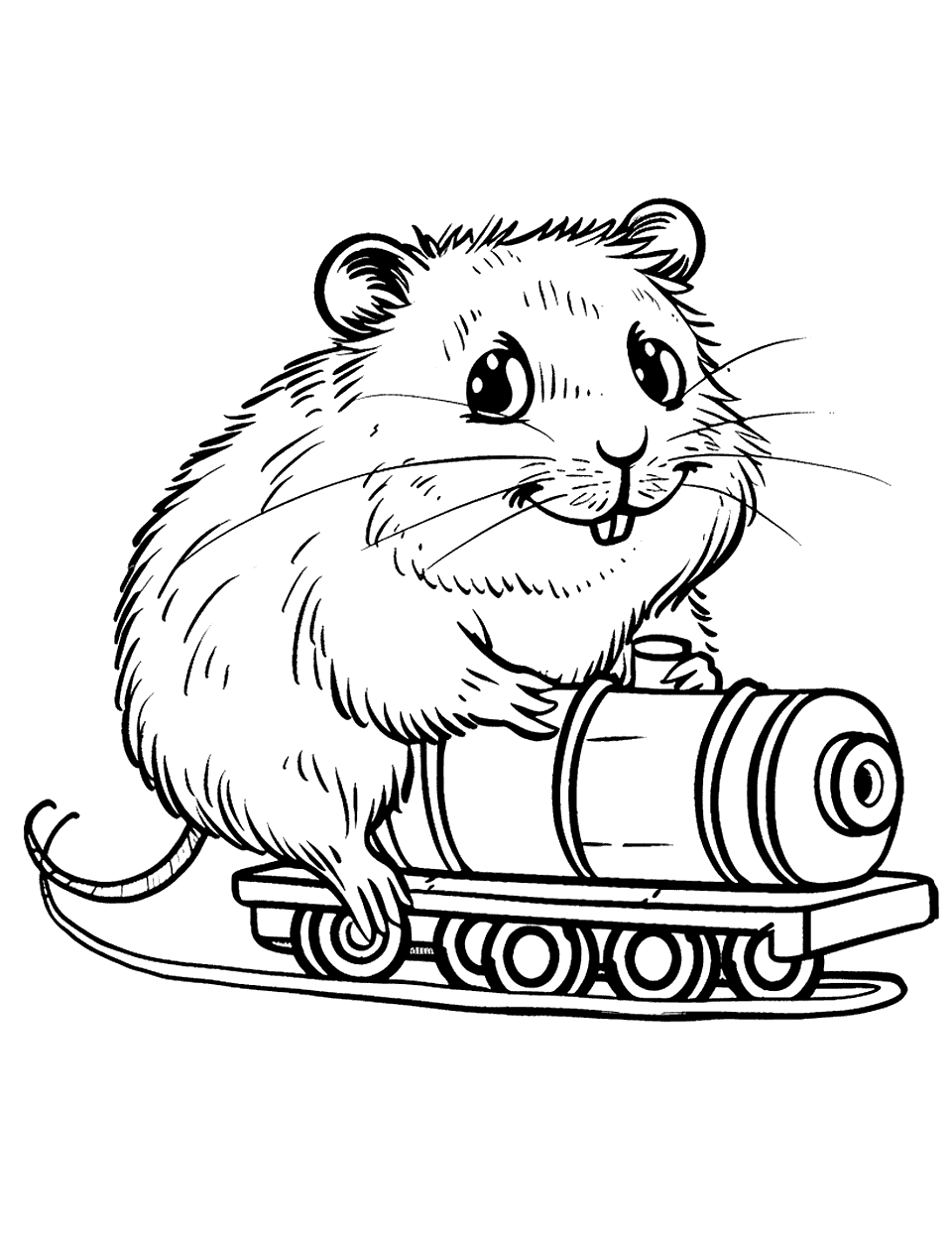 Hamster and Toy Train Coloring Page - A hamster riding on a toy train.