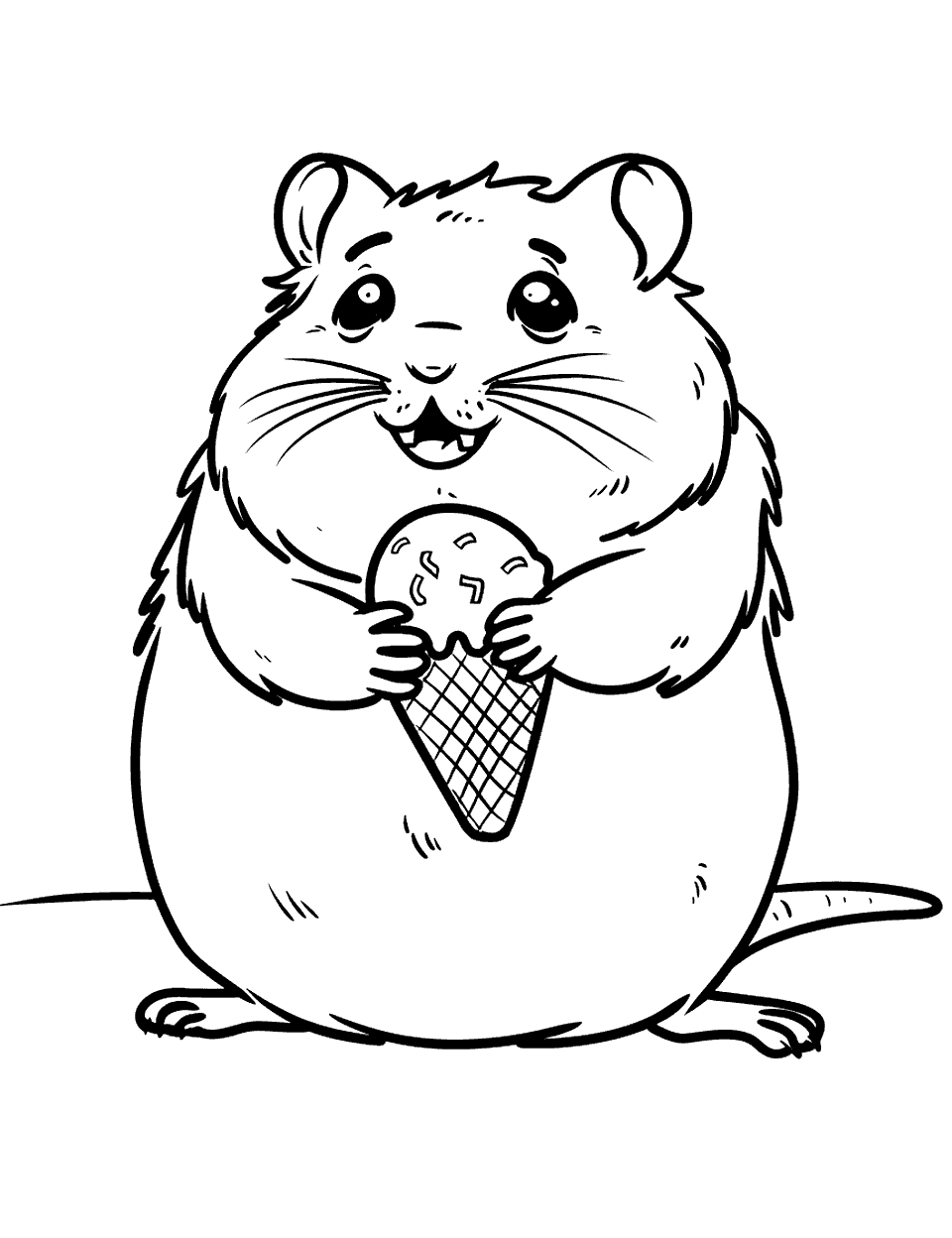 Hamster and Ice Cream Coloring Page - A hamster holding an ice cream cone with a happy expression.