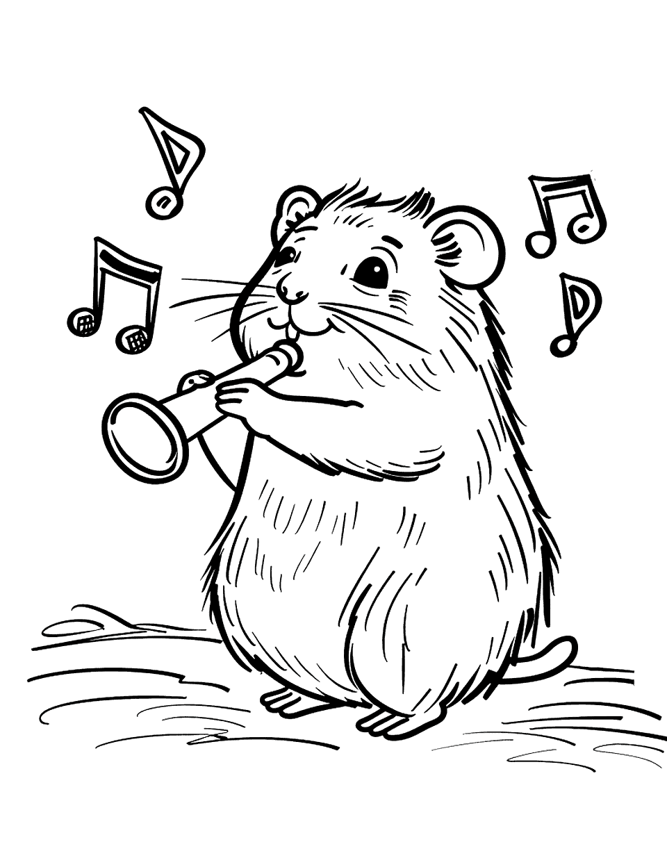 Hamster and Musical Notes Coloring Page - A hamster playing a small musical instrument with floating musical notes.