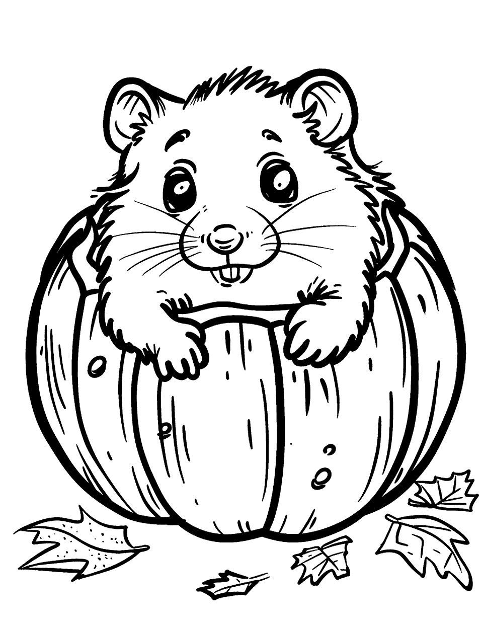 Hamster in a Pumpkin Coloring Page - A hamster inside a carved pumpkin.