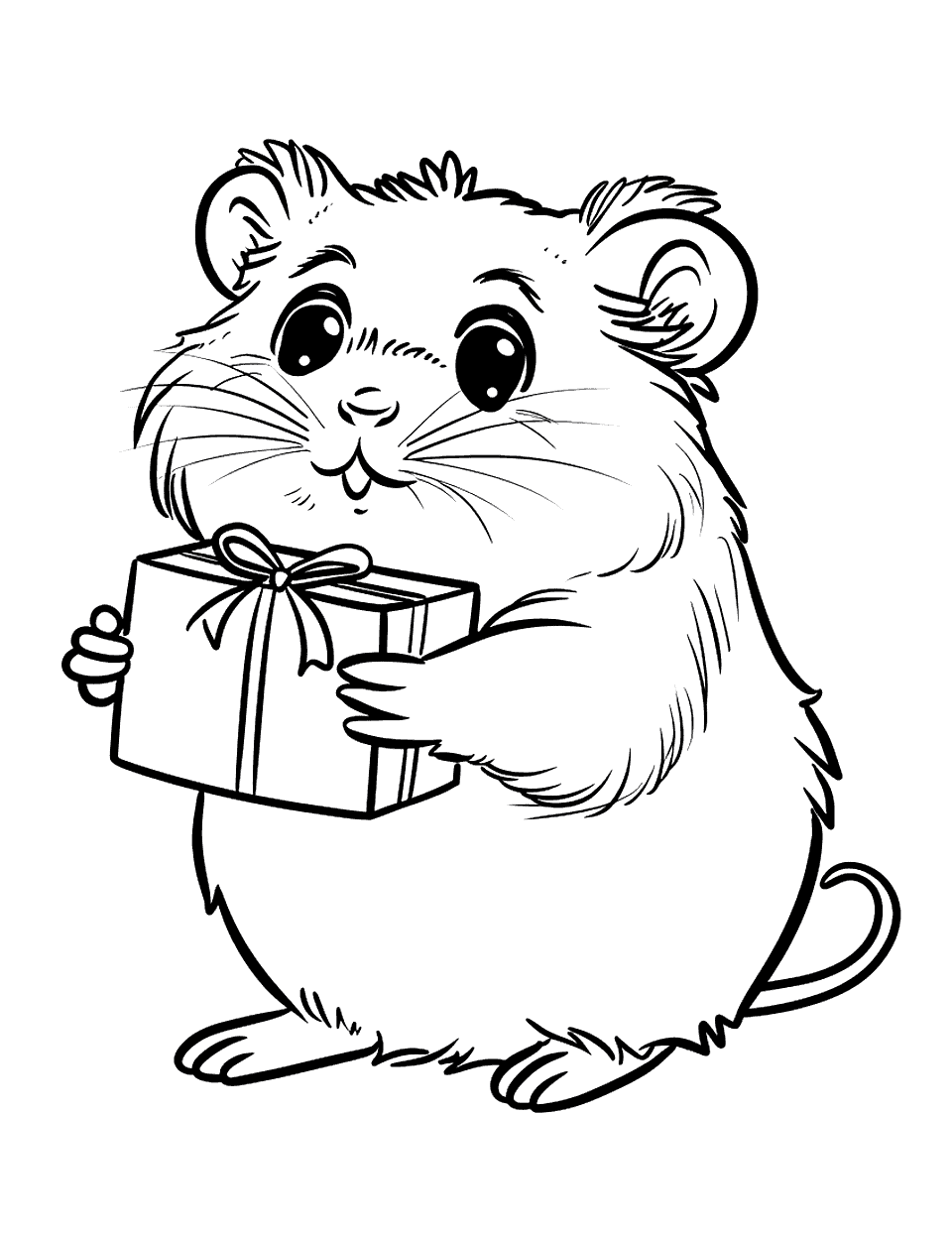 Hamster with a Gift Box Coloring Page - A hamster with a small gift box.