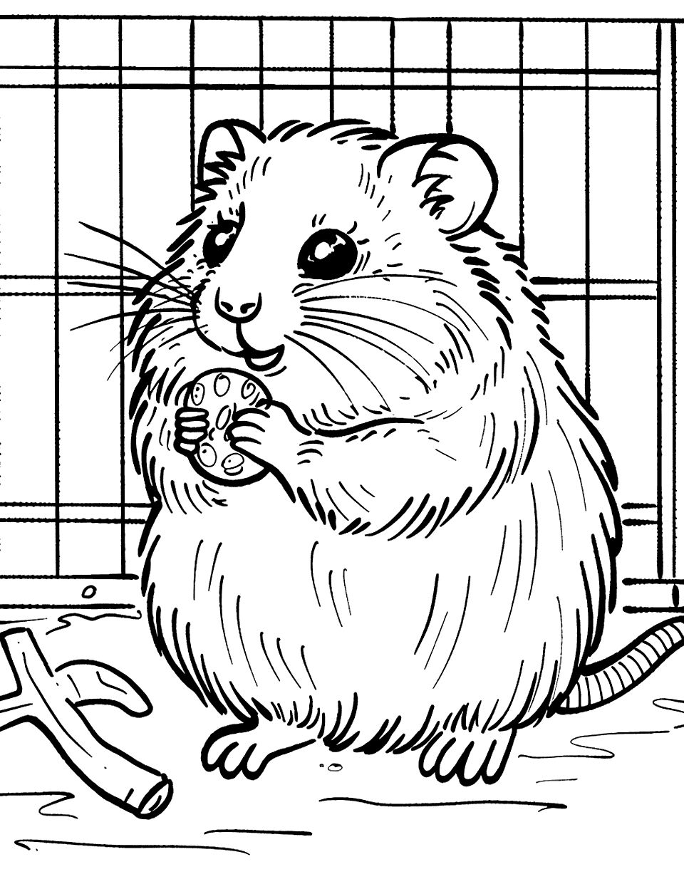 Syrian Hamster in a Cage Coloring Page - A Syrian hamster in a cage, playing with its toy.