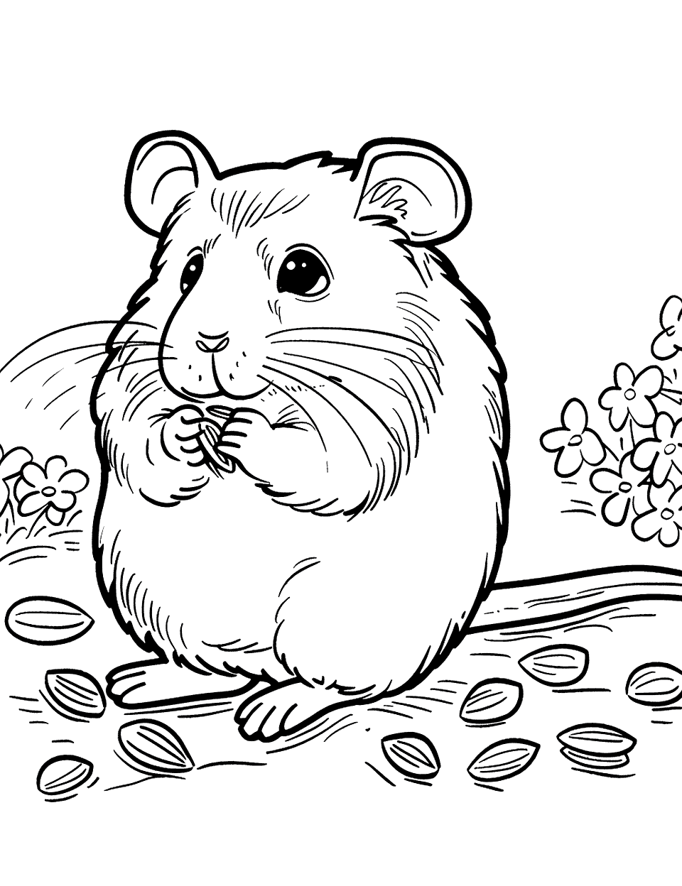 Chinese Hamster Eating Seeds Coloring Page - A Chinese hamster munching on sunflower seeds.