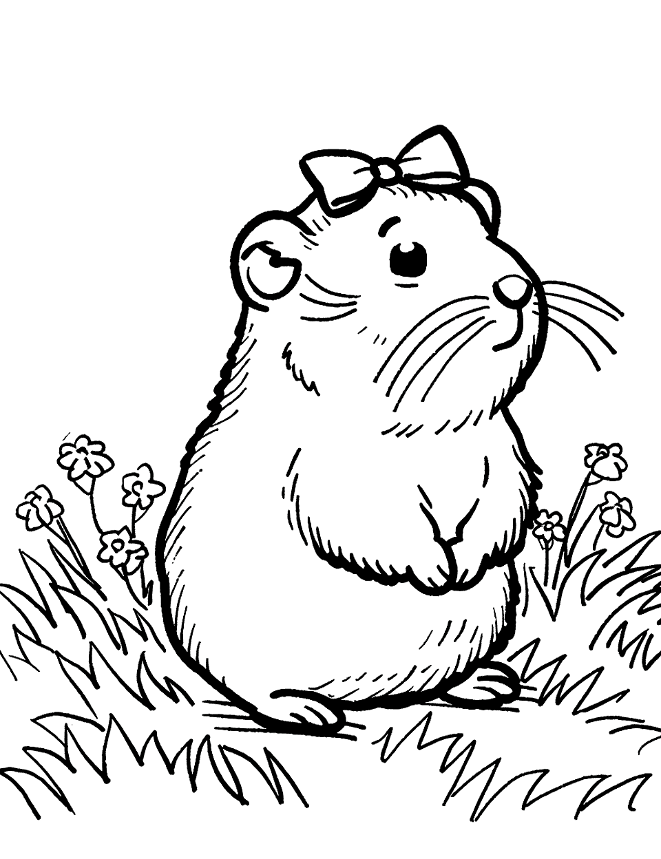 Hamster with a Bow Coloring Page - A hamster with a cute bow on its head, standing in a grassy field.