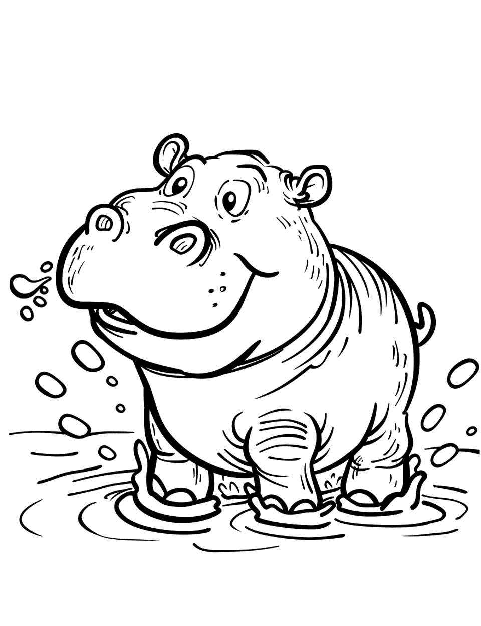 Baby Hippo Splash Coloring Page - A cute baby hippo happily splashing water in a pond.