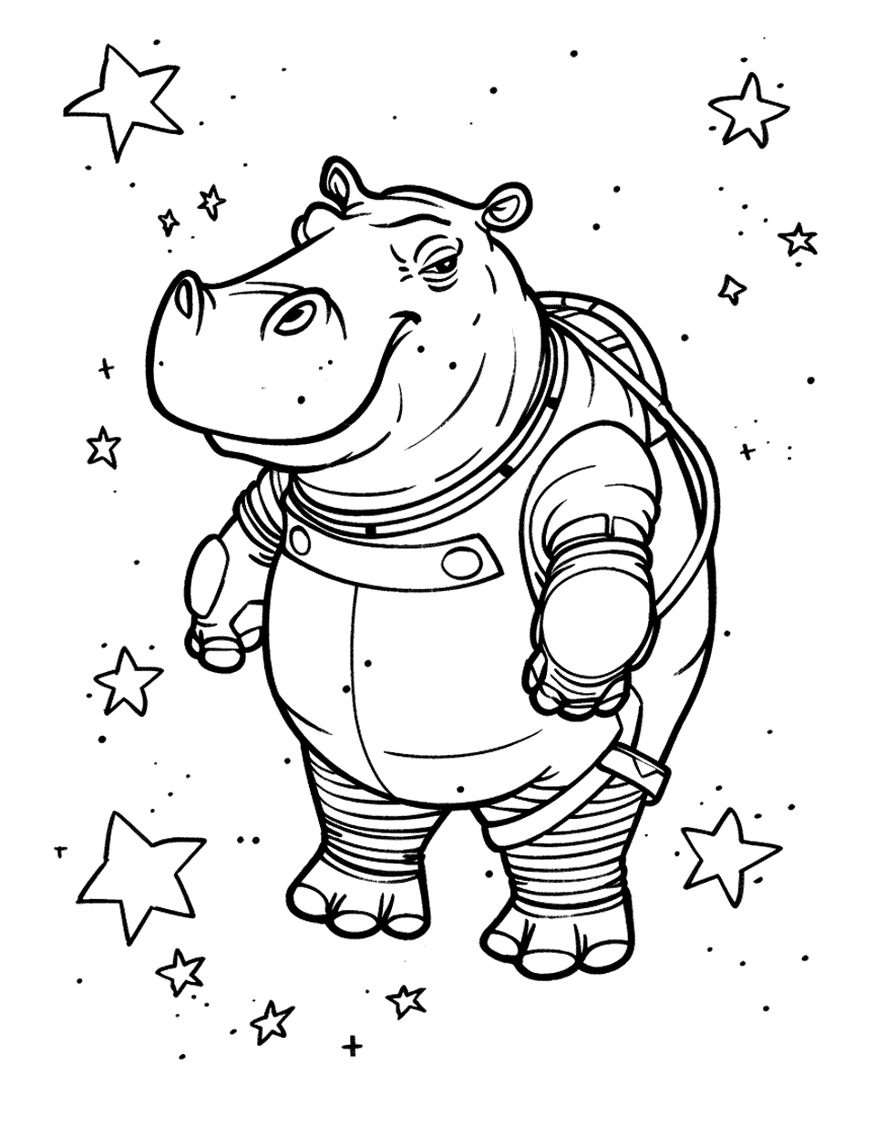 Hippo Astronaut Coloring Page - A hippo in a spacesuit floating in outer space, surrounded by stars.