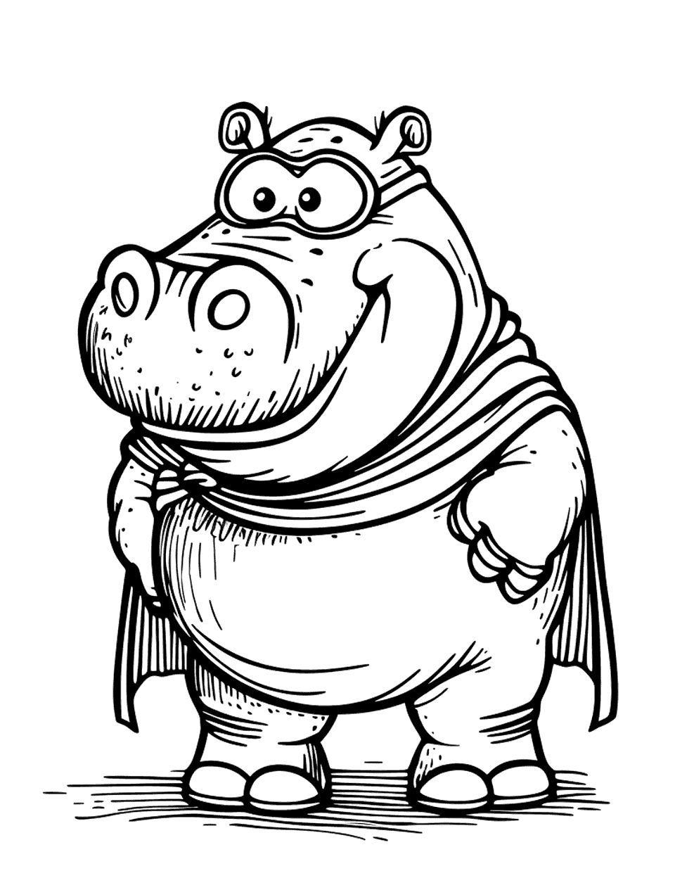Hippo Superhero Coloring Page - A superhero hippo wearing a cape and mask, ready to save the day.