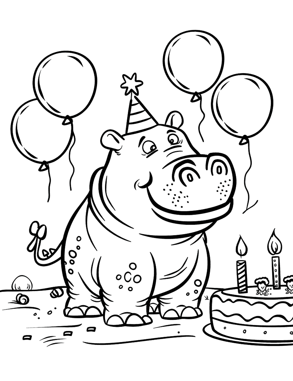 Hippo Birthday Party Coloring Page - Hippos celebrating with balloons and cake at a birthday party.
