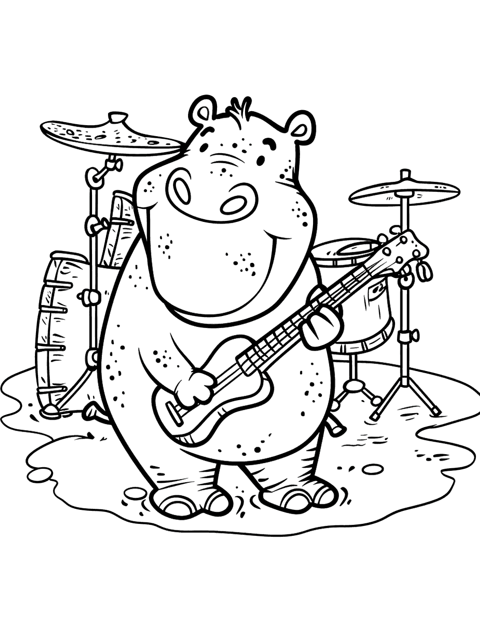 Hippo Music Band Coloring Page - Hippo playing guitar in a band concert.
