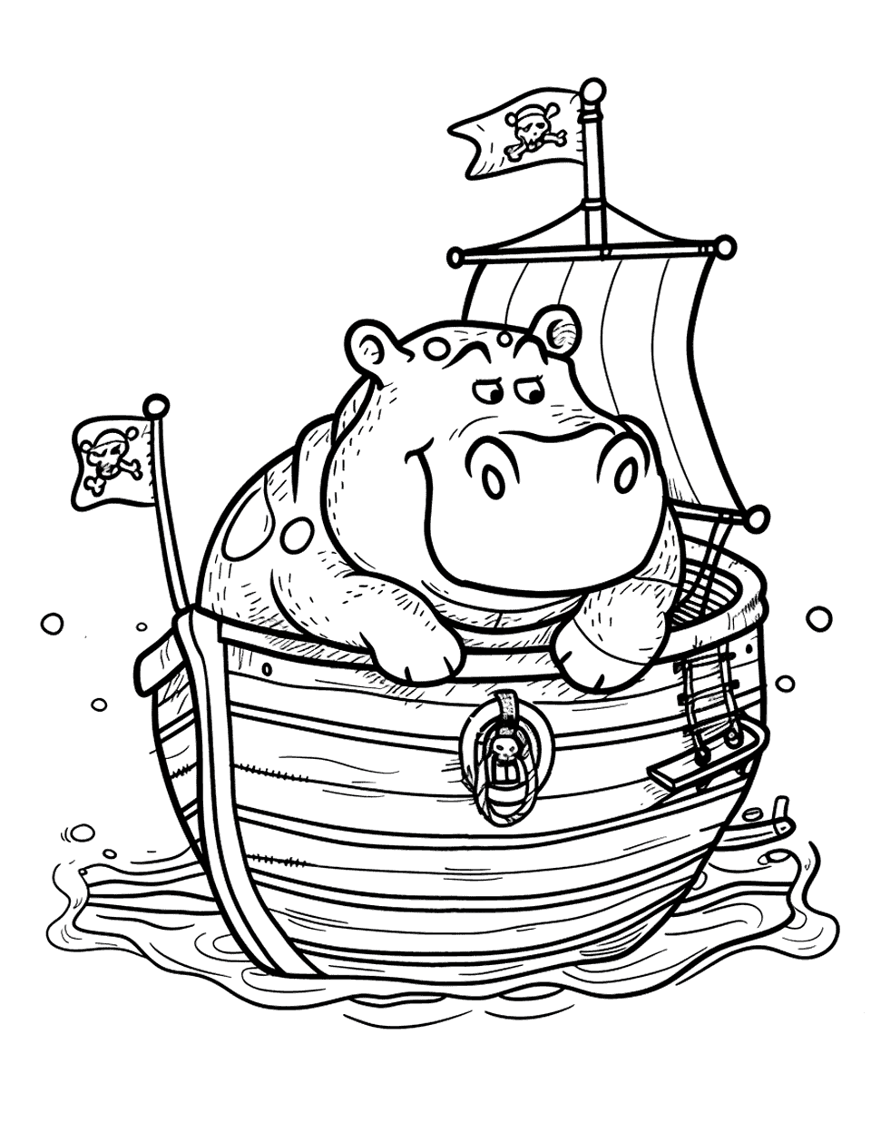 Hippo Pirate Adventure Coloring Page - A hippo sailing the high seas on a pirate ship, searching for treasure.