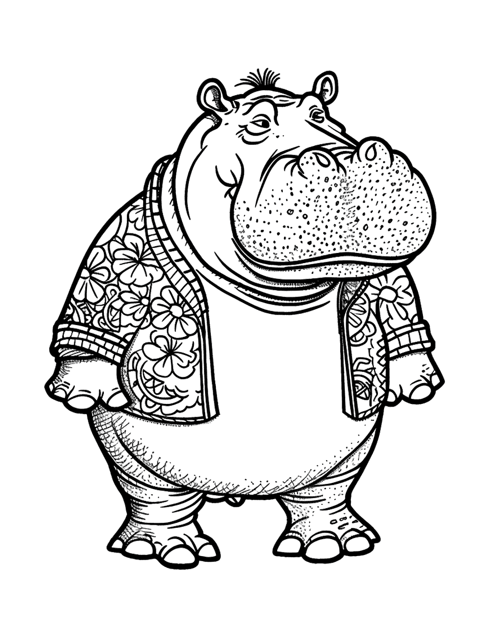 Hippo Fashion Show Coloring Page - Hippo modeling trendy outfit on a fashion show.