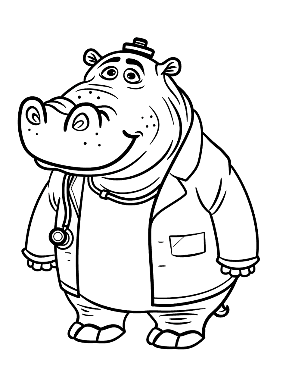 Hippo Doctor Coloring Page - A hippo wearing a stethoscope and doctor’s coat, ready to treat patients.