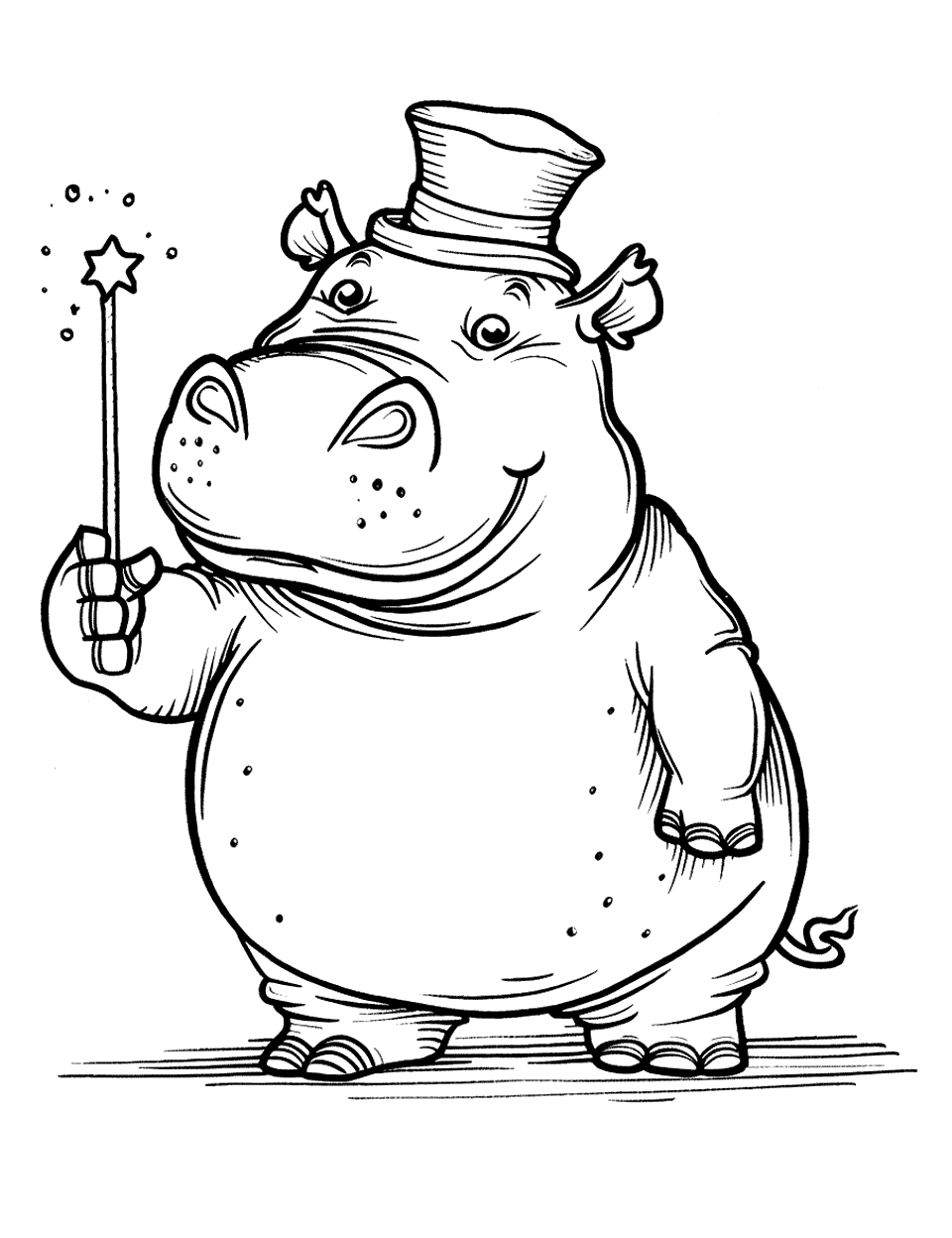 Hippo Magician Coloring Page - A hippo wearing a magician’s hat and holding a magic wand, ready to perform tricks on stage.