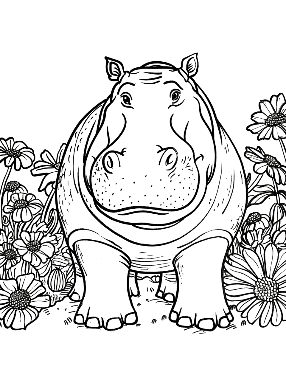 Hippo Gardener Coloring Page - A hippo on a garden, surrounded by colorful flowers.