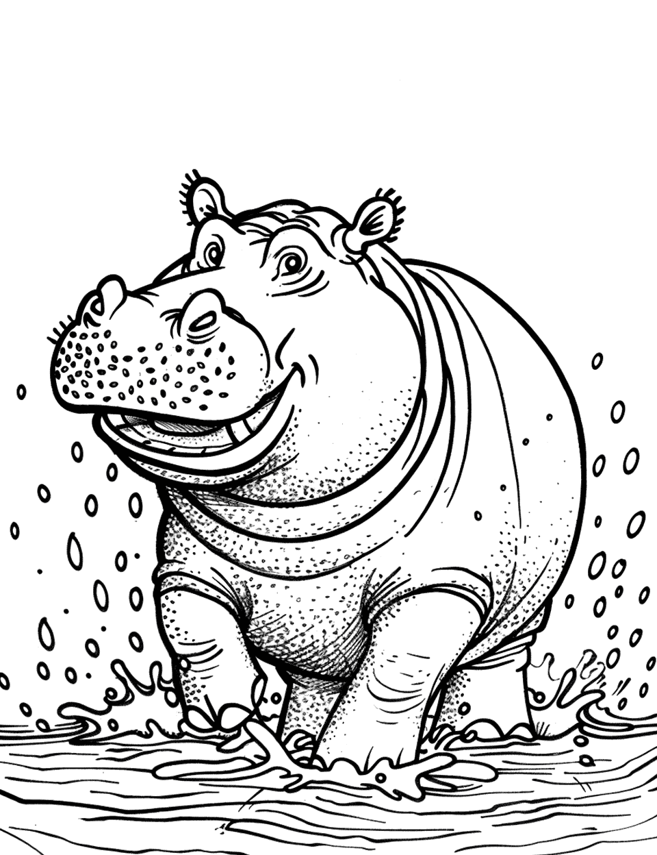 Hippo Rainy Day Coloring Page - A hippo happily jumping in puddles during a rainy day.