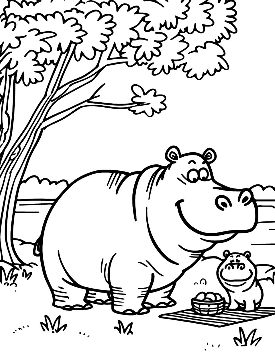 Hippo Family Picnic Coloring Page - A family of hippos enjoying a picnic under a shady tree by the lake.