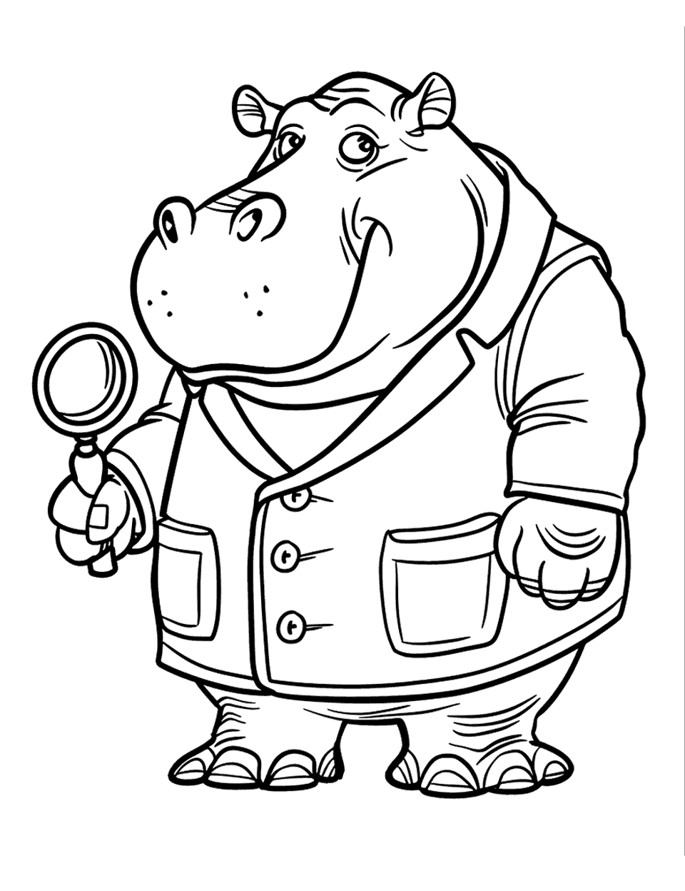 Hippo Detective Coloring Page - A detective hippo wearing a trench coat and magnifying glass, solving mysteries.