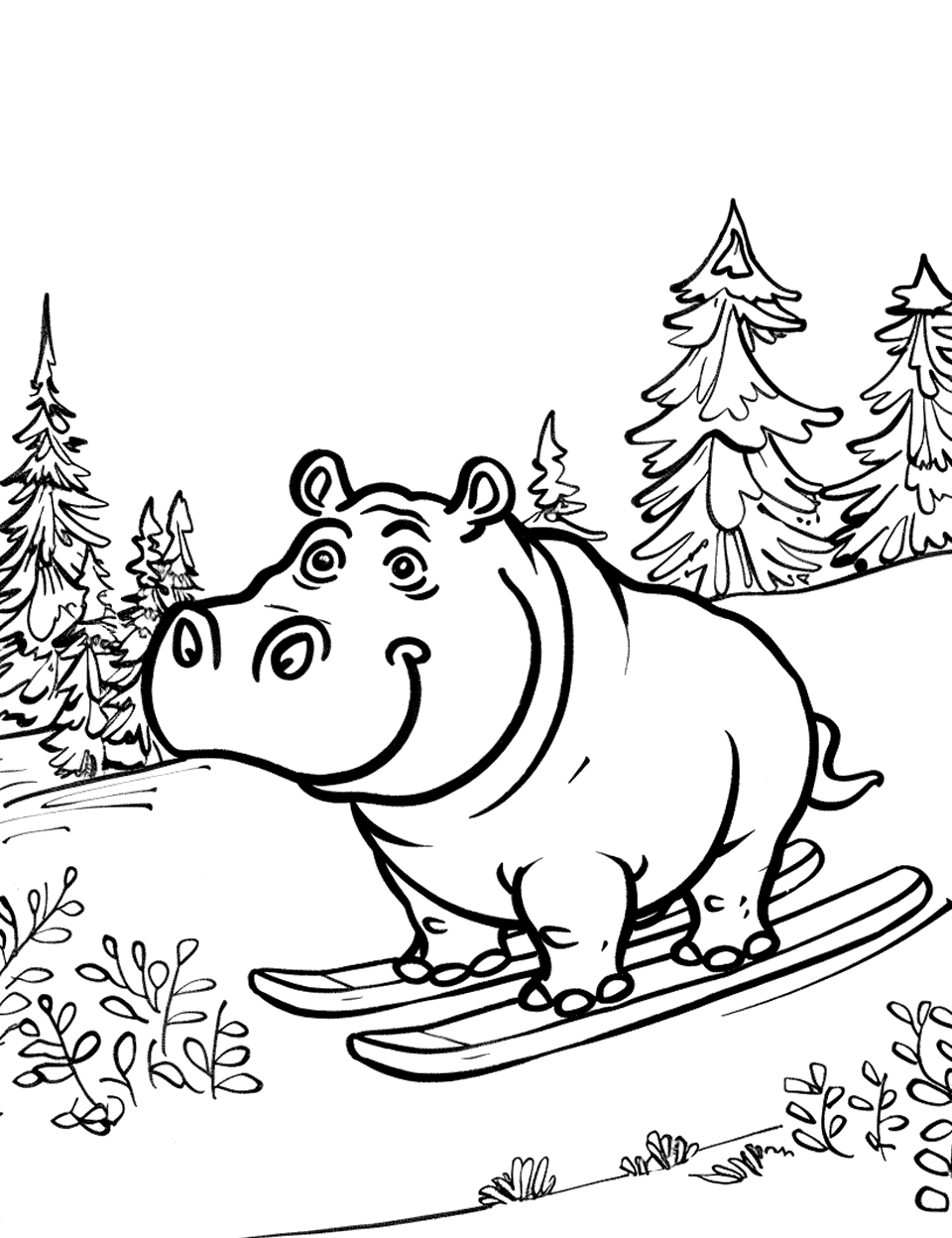 Hippo Skiing Adventure Coloring Page - A hippo skiing down a snowy mountain with pine trees in the background.
