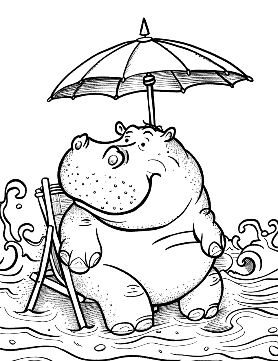 Hippo Beach Vacation Coloring Page - Hippo lounging on beach chair under umbrella with waves crashing nearby.