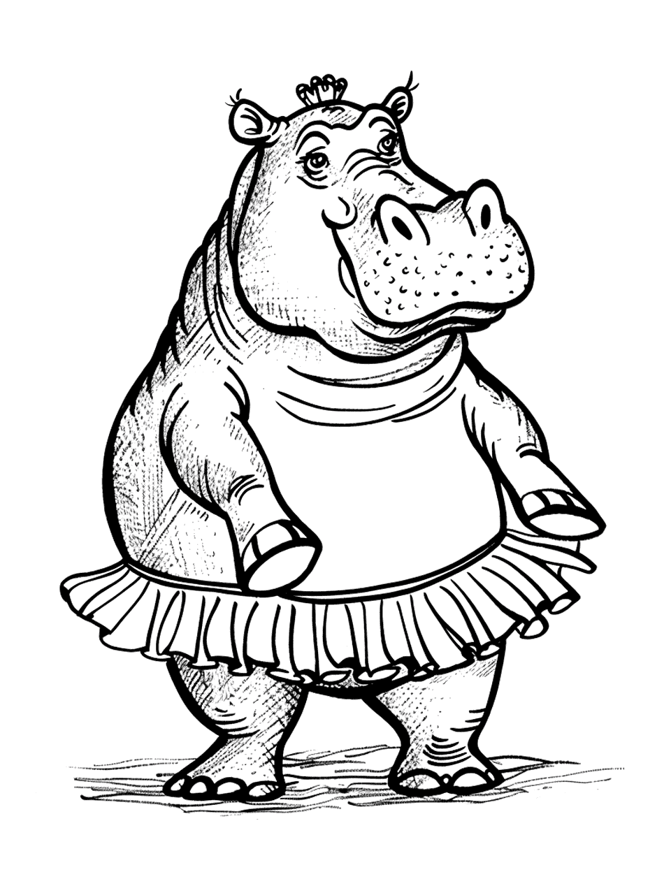 Hippo Ballet Performance Coloring Page - Hippos gracefully dancing ballet on stage, wearing tutus.