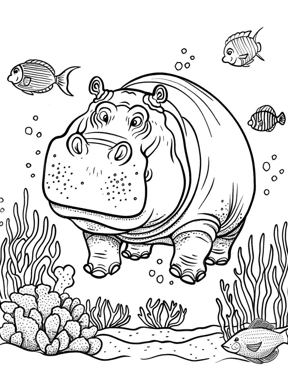 Hippo Underwater Adventure Coloring Page - A hippo swimming underwater, exploring coral reefs and fish.