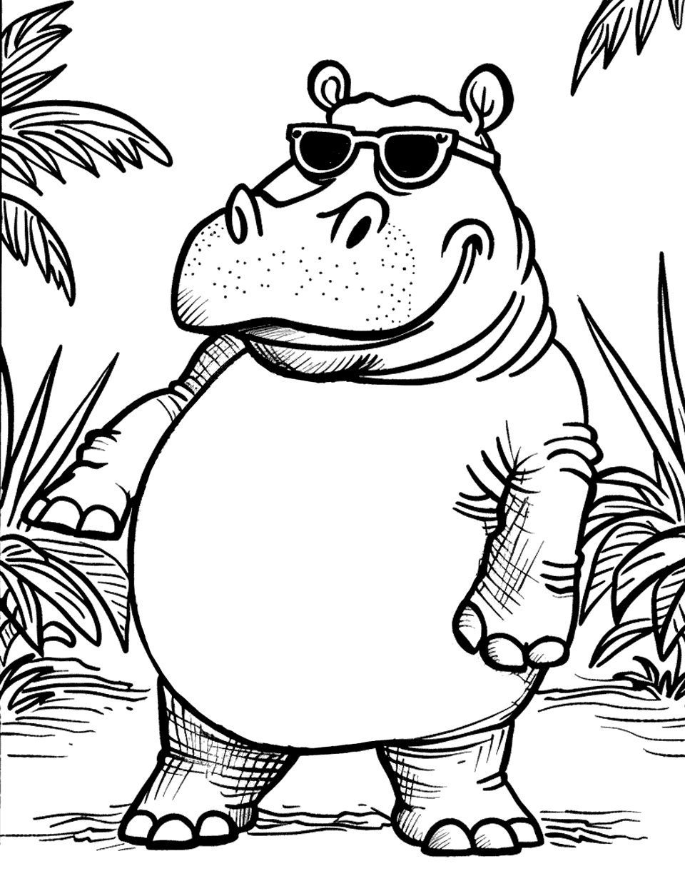 Hippo Dance Party Coloring Page - Hippo wearing sunglasses, dancing and grooving to music in the jungle.