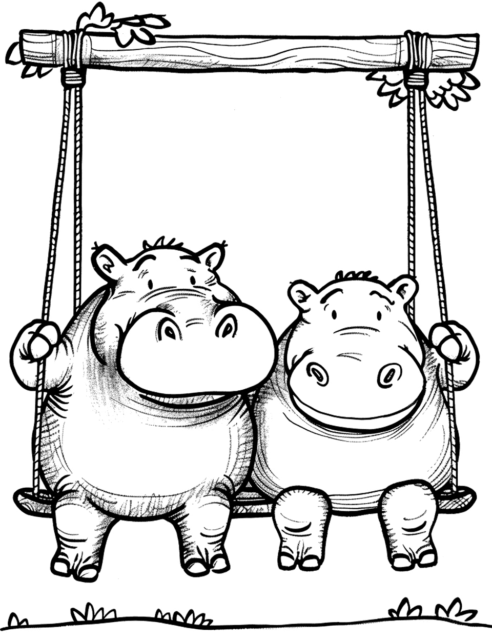 Hippo Playground Fun Coloring Page - Hippos playing on a playground swinging on swings.