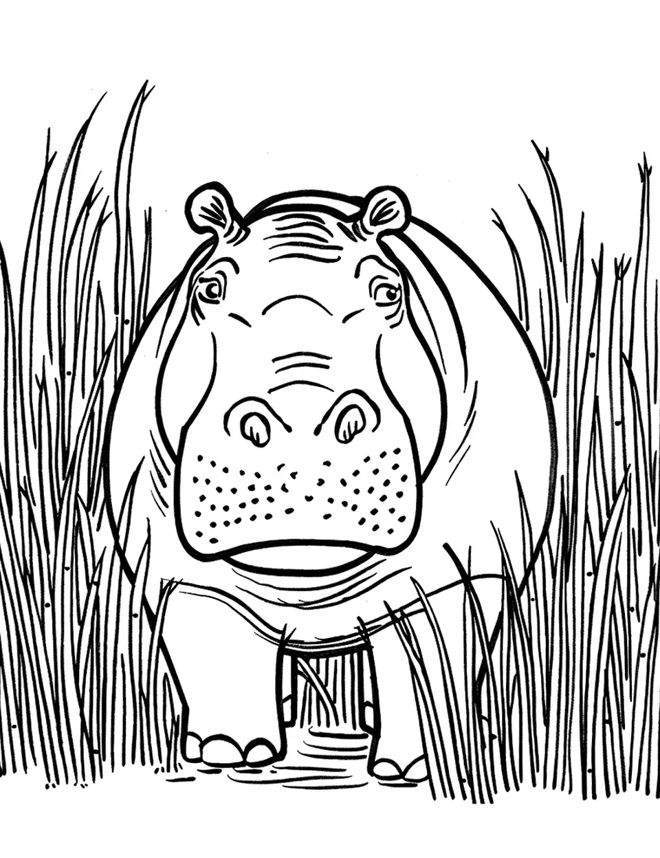 Hippo Safari Adventure Coloring Page - A hippo exploring the wilderness of the safari, surrounded by tall grass.