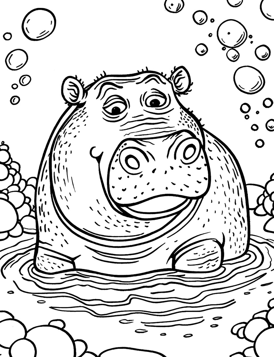 Hippo Bath Time Coloring Page - A happy hippo taking a bath in a river, surrounded by bubbles.