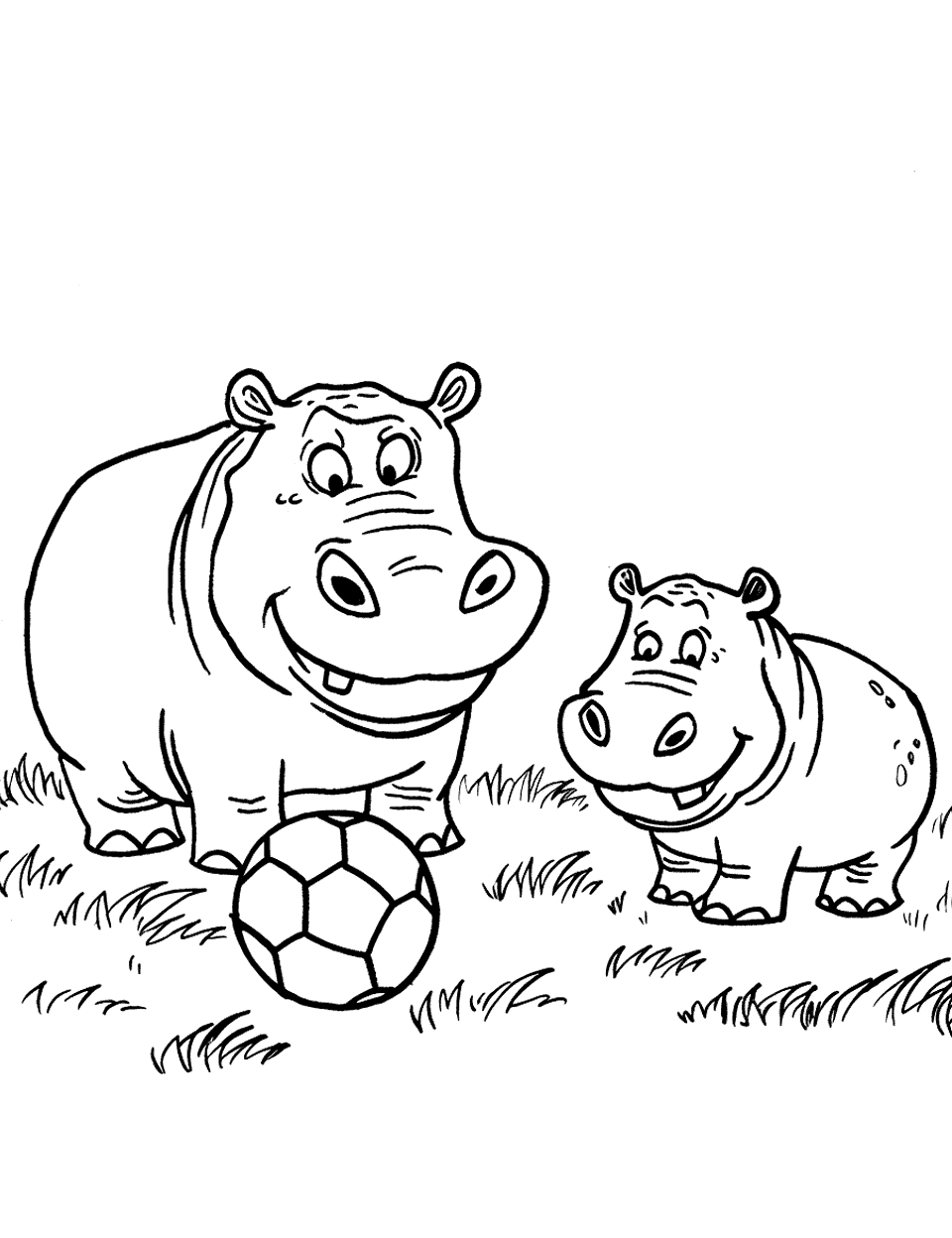 Hippo Soccer Match Coloring Page - Hippos playing a friendly game of soccer in a field.