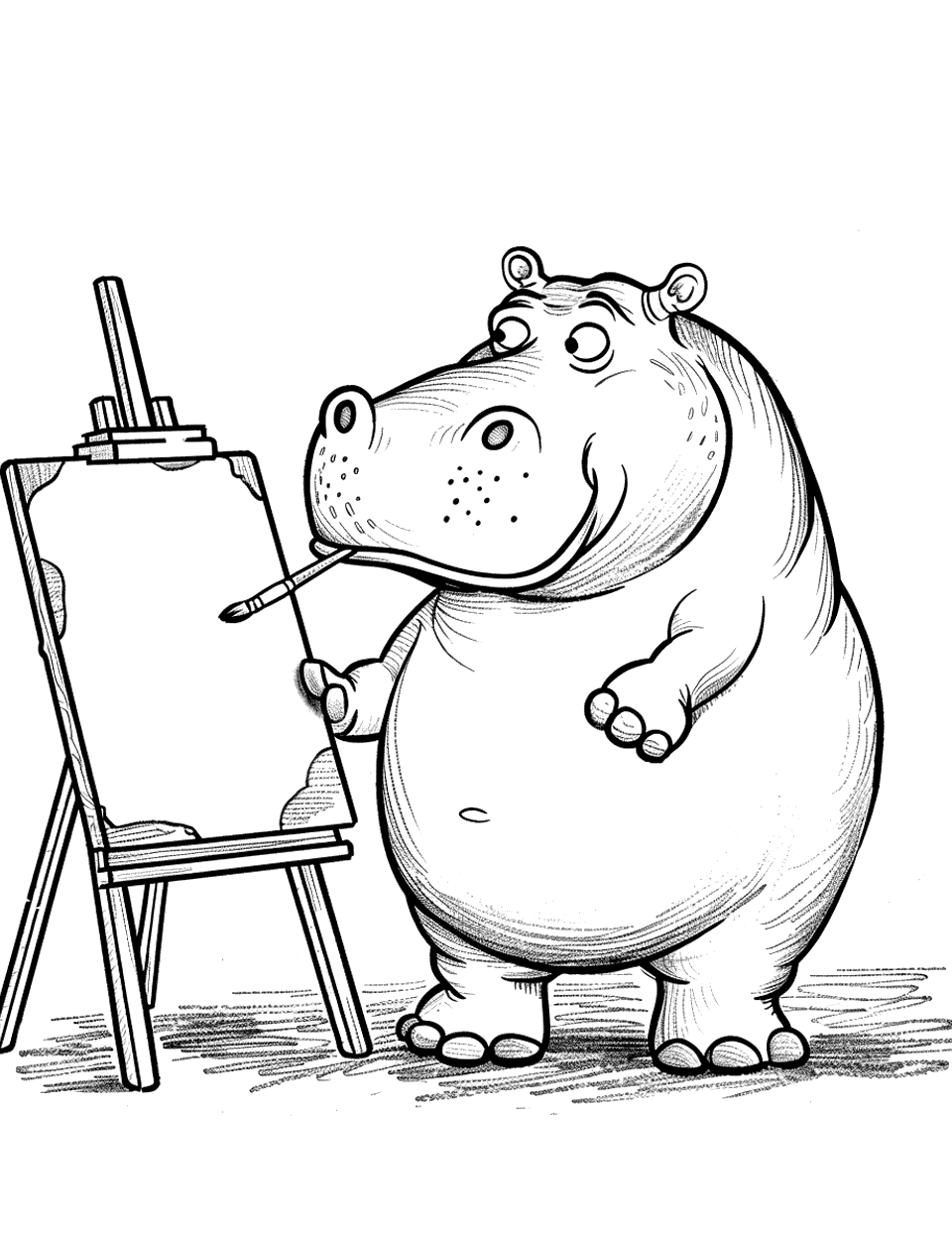 Hippo Artist Coloring Page - A hippo ready to paint a masterpiece on a canvas.