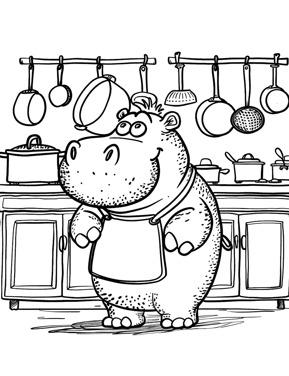 Hippo Chef Coloring Page - A hippo cook fully dressed in the kitchen, surrounded by pots and pans.