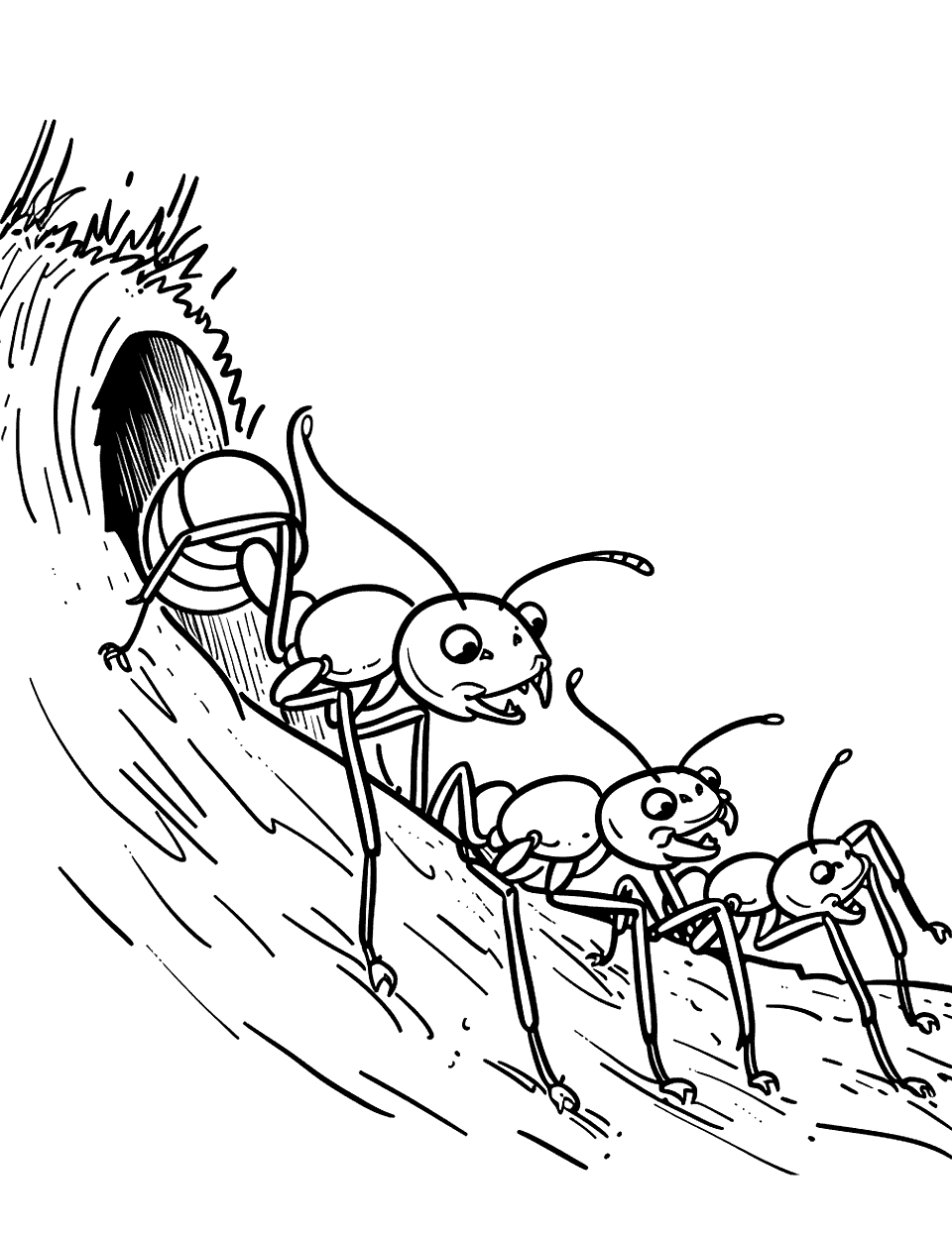 Ants Building a Tunnel Insect Coloring Page - A line of ants working together to dig a tunnel into their ant hill.