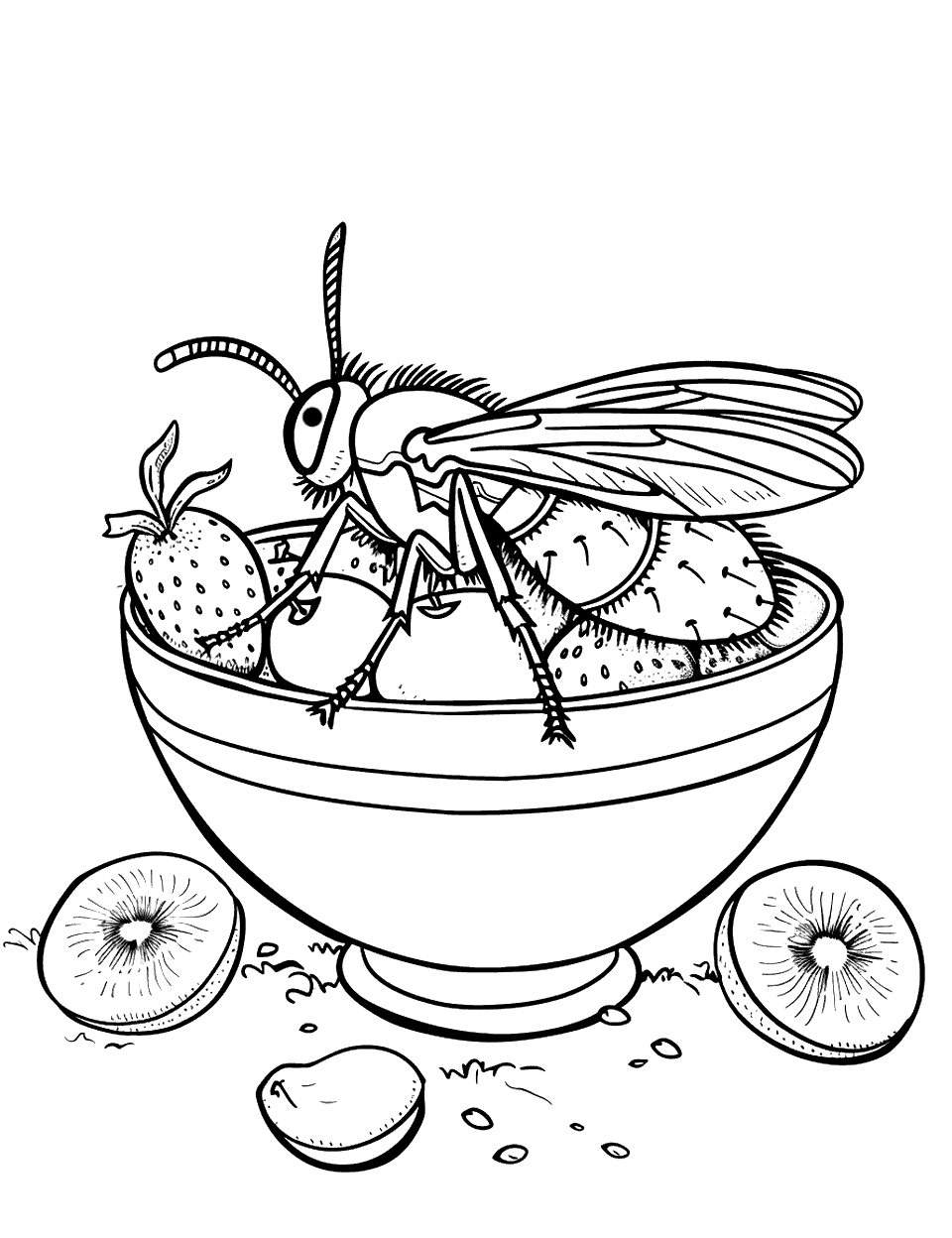 Big Fly Buzzing Insect Coloring Page - A big fly buzzing on top of a bowl filled with fruits.