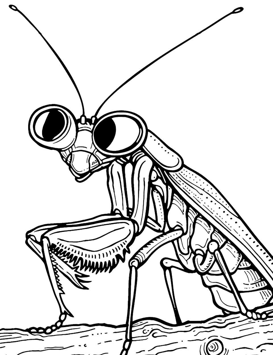 Cool Mantis Wearing Sunglasses Insect Coloring Page - A mantis casually chilling on a tree log while wearing cool sunglasses.