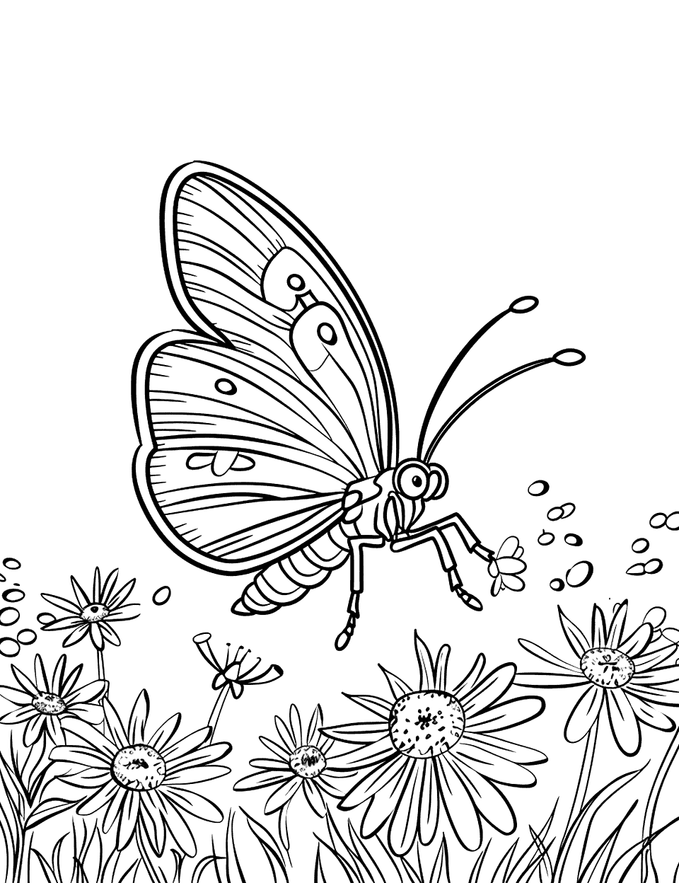 Summer Butterfly in the Meadow Insect Coloring Page - A butterfly fluttering through a sunlit meadow surrounded by flowers.
