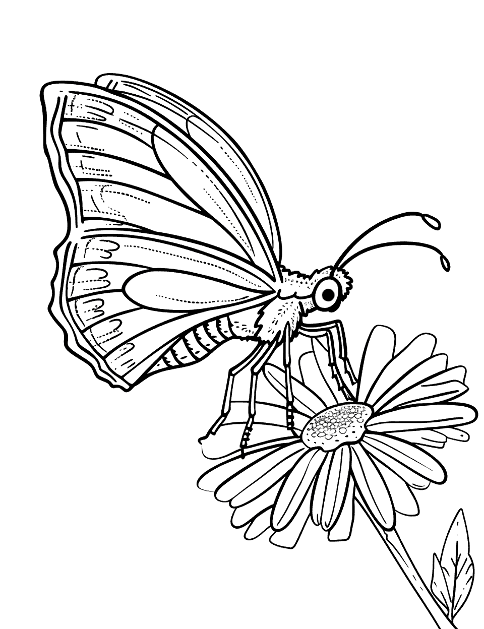 Butterfly Resting on a Flower Insect Coloring Page - A simple butterfly with its wings wide open, perched delicately on a bright blossom.
