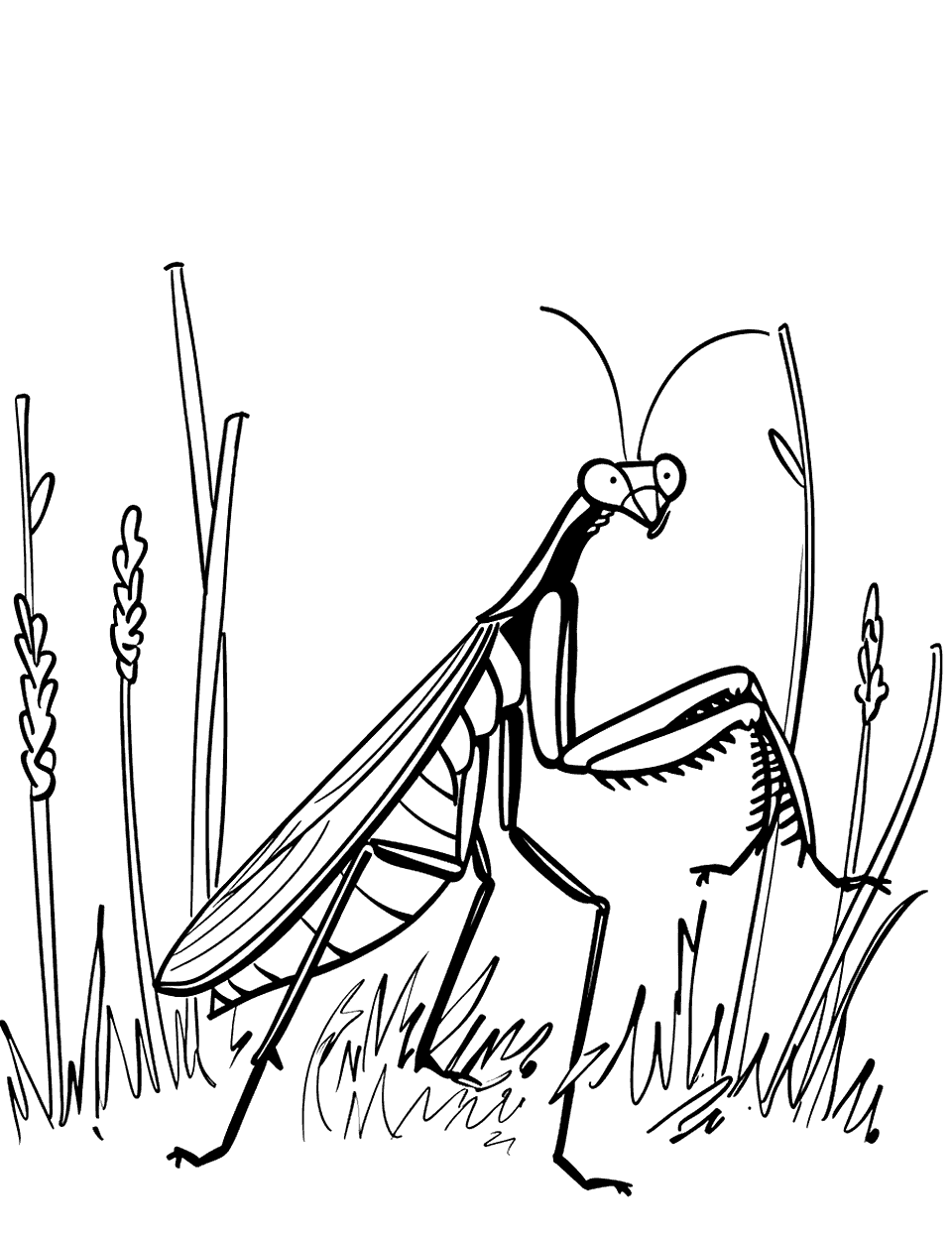 Mantis Hunting in Tall Grass Insect Coloring Page - A mantis poised stealthily among tall grass.