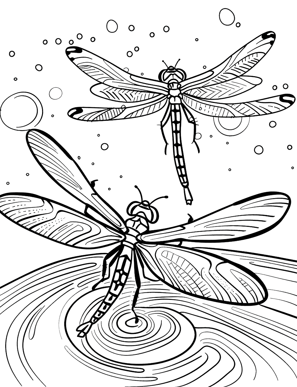 Dragonfly Pair Over Water Insect Coloring Page - Two dragonflies flying over a shimmering water surface.