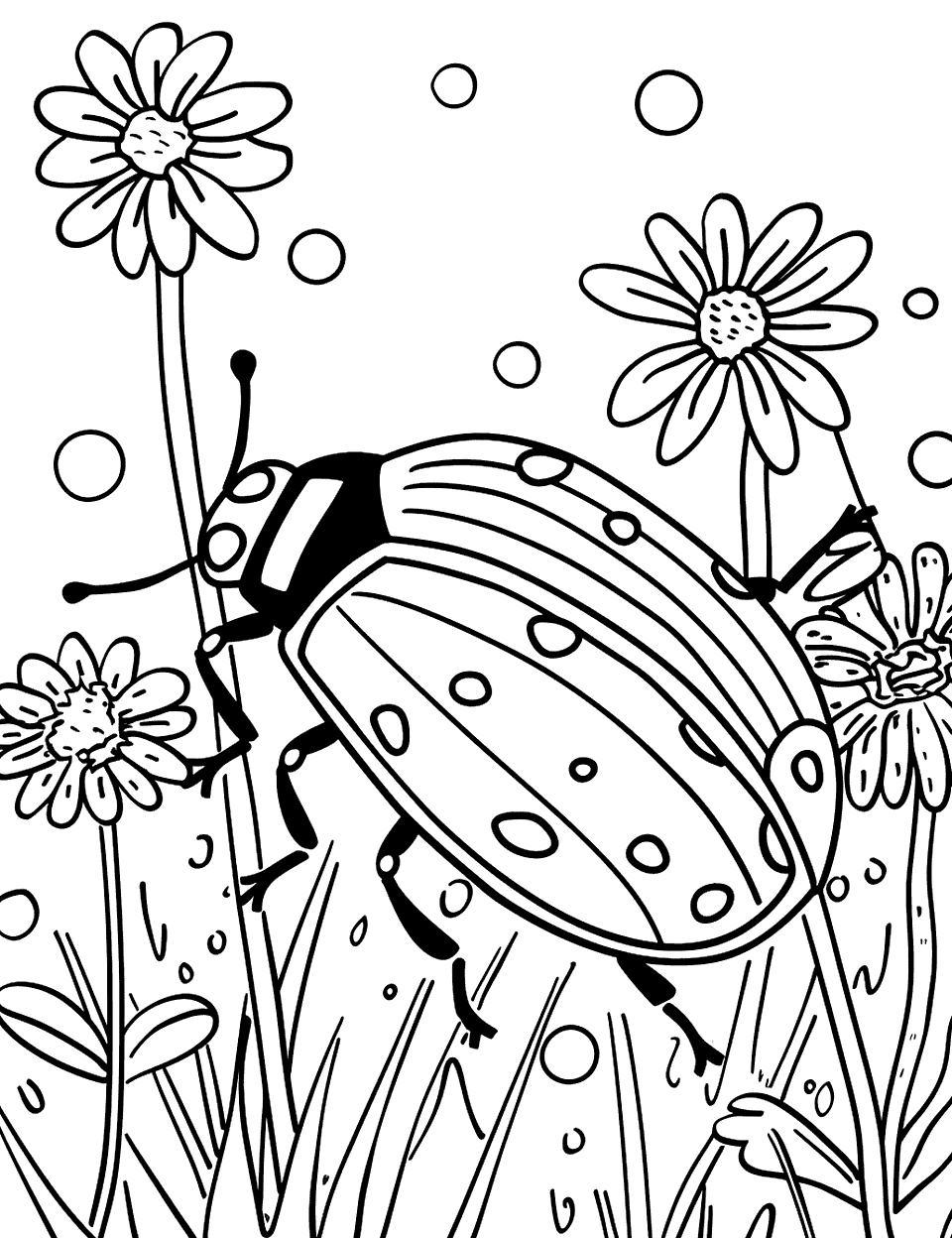 Ladybug Flying in the Garden Insect Coloring Page - A ladybug flitting between flowers in a garden.