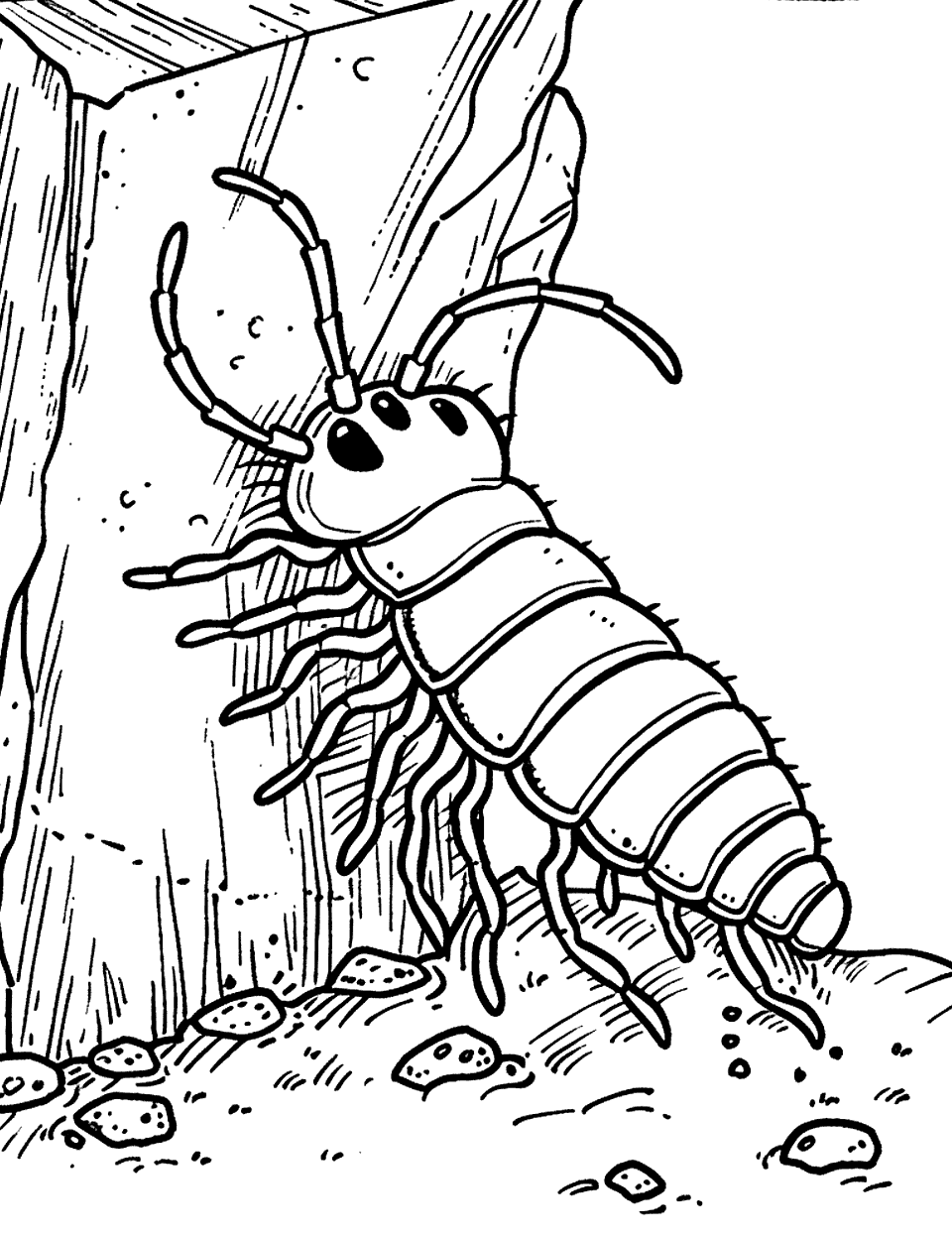 Centipede crawling on a Rock Insect Coloring Page - A centipede crawling to get on top of a rock.