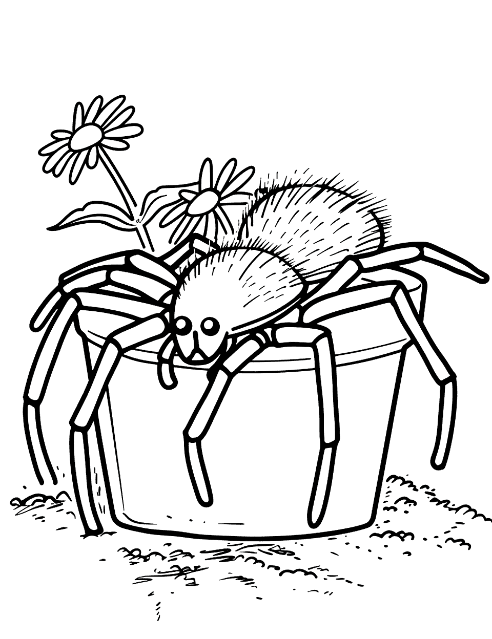 Spider Sitting in a Flower Pot Insect Coloring Page - A spider lounging in a flower pot.