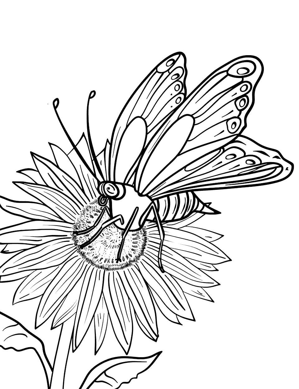 Butterfly on a Sunflower Insect Coloring Page - A butterfly gently landing on the petals of a sunflower.