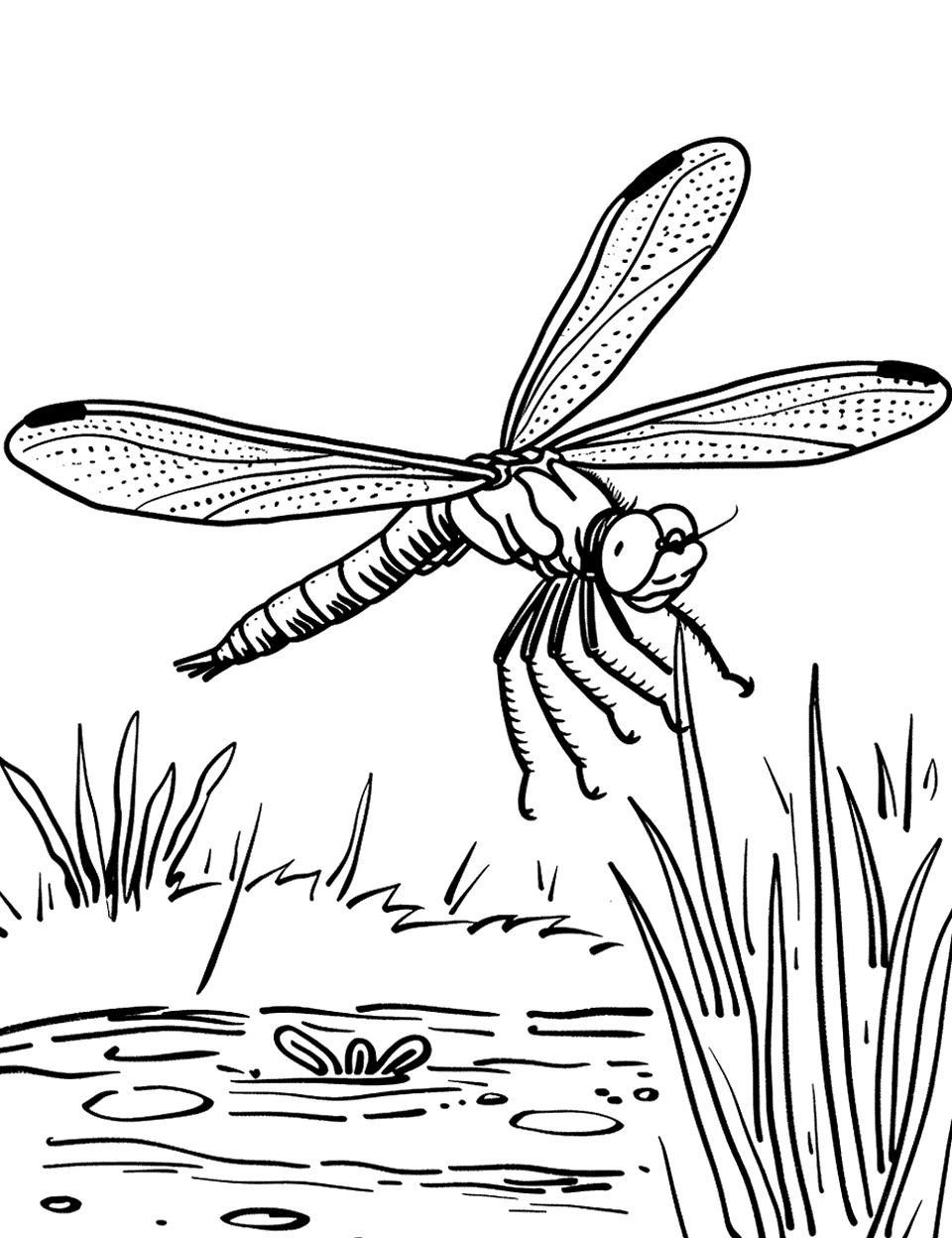 Dragonfly Hovering Over a Pond Insect Coloring Page - A dragonfly gracefully hovering above a still pond.